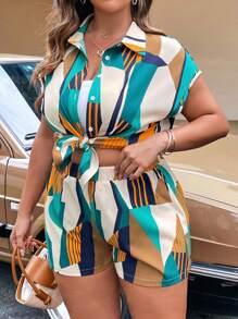 Calvaya Plus Summer Allover Print Batwing Sleeve Shirt & Shorts