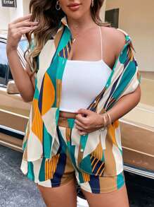 Calvaya Plus Summer Allover Print Batwing Sleeve Shirt & Shorts