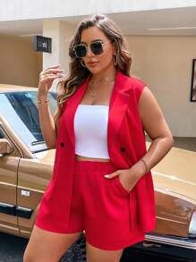 SHEIN Clasi Plus Lapel Neck Vest Blazer & Shorts - Red - View 1