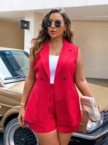 SHEIN Clasi Plus Lapel Neck Vest Blazer & Shorts - Red - View 6