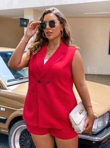 SHEIN Clasi Plus Lapel Neck Vest Blazer & Shorts - Red - View 7