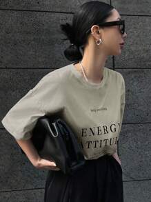 DAZY Slogan Graphic Drop Shoulder Tee Keep Smiling ENERGY ATTITUDE Time The Good Happiness - Apricot - View 3