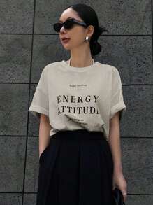 DAZY Slogan Graphic Drop Shoulder Tee Keep Smiling ENERGY ATTITUDE Time The Good Happiness - Apricot - View 1