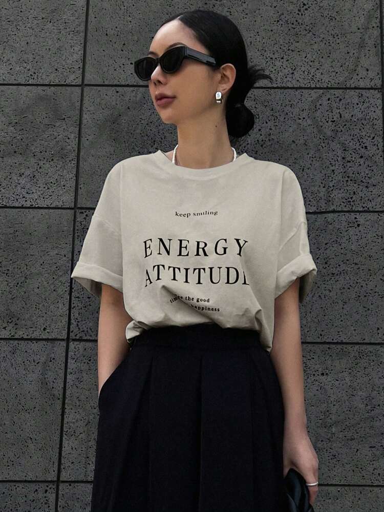 Slogan Graphic Drop Shoulder Tee Keep Smiling ENERGY ATTITUDE Time The Good Happiness