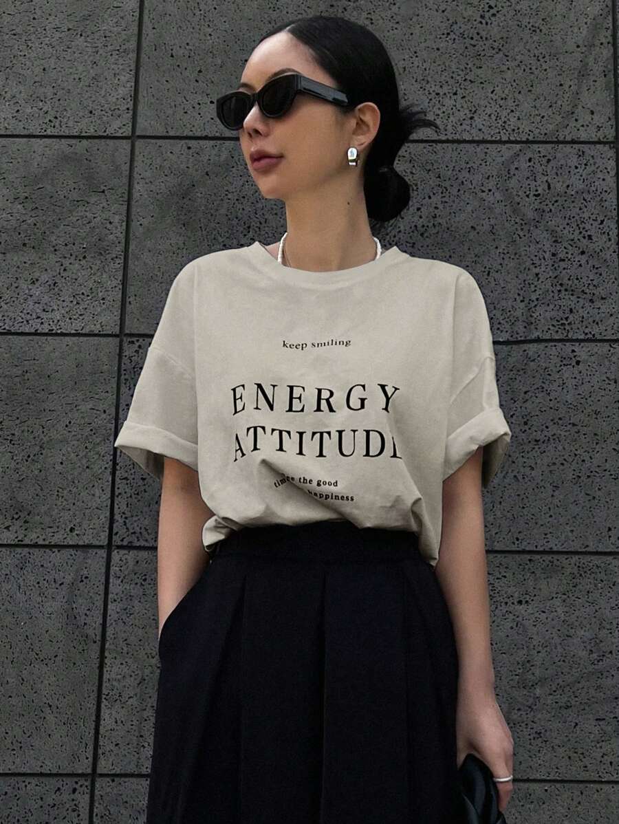 DAZY Slogan Graphic Drop Shoulder Tee Keep Smiling ENERGY ATTITUDE Time The Good Happiness - Apricot - View 1
