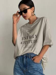 DAZY Slogan Graphic Drop Shoulder Tee Keep Smiling ENERGY ATTITUDE Time The Good Happiness - Apricot - View 4