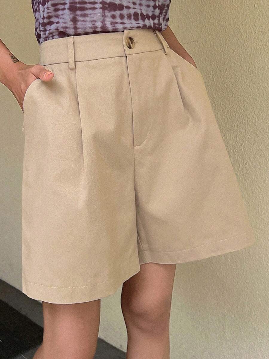 DAZY Solid Plicated Detail Wide Leg Shorts - Khaki - View 1