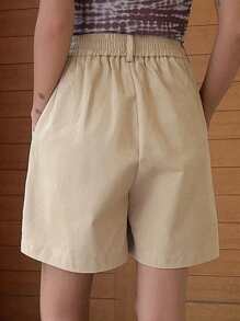 DAZY Solid Plicated Detail Wide Leg Shorts - Khaki - View 2