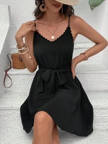 SHEIN Frenchy Đầm Tương phản ren Buộc lại màu trơn Giải trí - màu đen - Xem 3