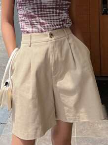 DAZY Solid Plicated Detail Wide Leg Shorts - Khaki - View 3