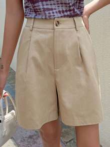 DAZY Solid Plicated Detail Wide Leg Shorts - Khaki - View 4