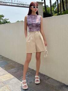 DAZY Solid Plicated Detail Wide Leg Shorts - Khaki - View 6