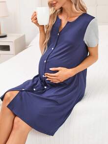 SHEIN 孕婦撞色前紐扣睡裙 - 藏蓝色 - 查看 5