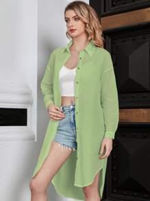 UNIQUE21 Solid Button Front Drop Shoulder Shirt - Lime Green - View 1
