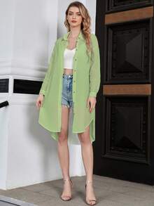 UNIQUE21 Solid Button Front Drop Shoulder Shirt - Lime Green - View 3