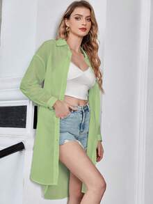 UNIQUE21 Solid Button Front Drop Shoulder Shirt - Lime Green - View 4