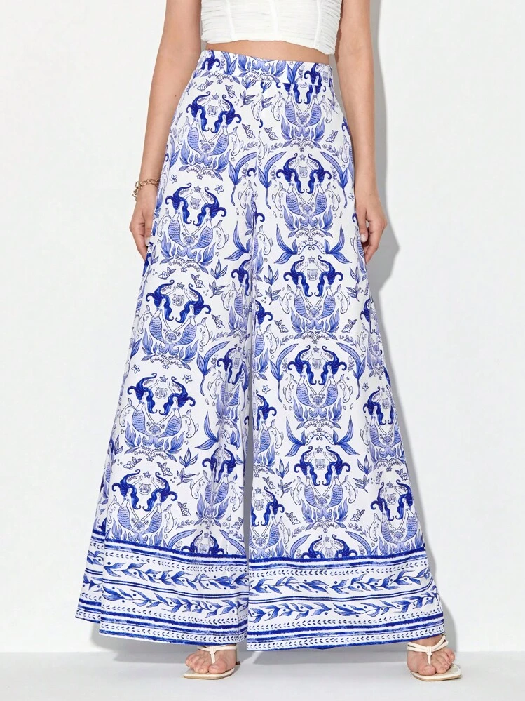 Susan Wang Studio 魚尾圖案闊腿褲 - 藍白色 - 查看 3