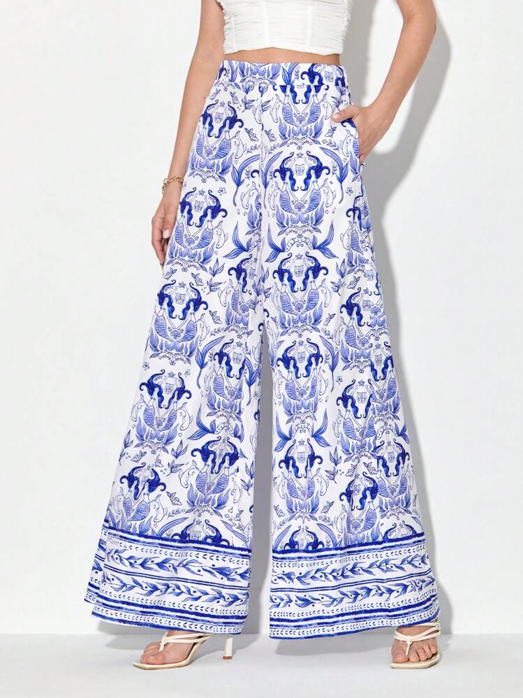 Susan Wang Studio 魚尾圖案闊腿褲 - 藍白色 - 查看 4