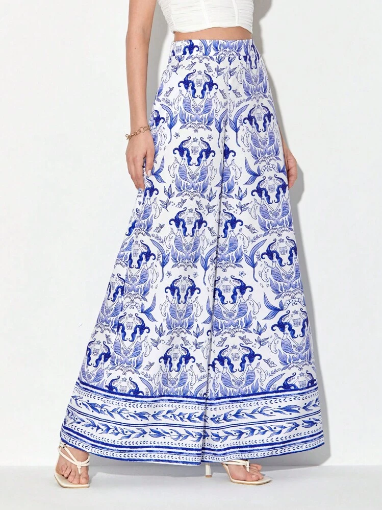 Susan Wang Studio 魚尾圖案闊腿褲 - 藍白色 - 查看 5