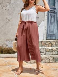 SHEIN Frenchy Plus Two Tone Guipure Lace Panel Belted Cami Jumpsuit - Redwood - View 1