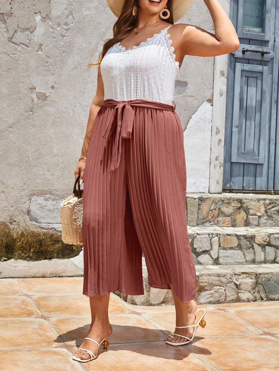 SHEIN Frenchy Plus Two Tone Guipure Lace Panel Belted Cami Jumpsuit - Redwood - View 1