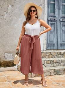 SHEIN Frenchy Plus Two Tone Guipure Lace Panel Belted Cami Jumpsuit - Redwood - View 3