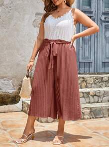 SHEIN Frenchy Plus Two Tone Guipure Lace Panel Belted Cami Jumpsuit - Redwood - View 4