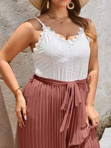 SHEIN Frenchy Plus Two Tone Guipure Lace Panel Belted Cami Jumpsuit - Redwood - View 5