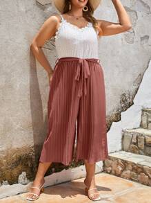 SHEIN Frenchy Plus Two Tone Guipure Lace Panel Belted Cami Jumpsuit - Redwood - View 6