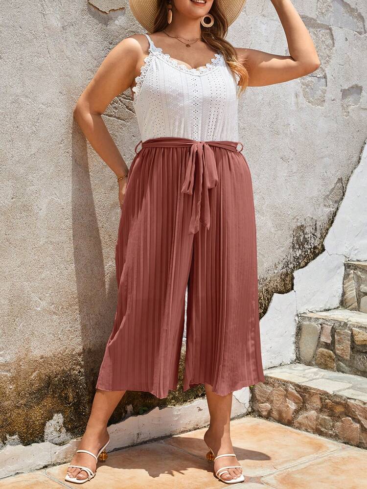 SHEIN Frenchy Plus Two Tone Guipure Lace Panel Belted Cami Jumpsuit - Redwood - View 6