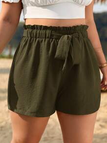 SHEIN Frenchy Shorts de cintura con volante con nudo delantero - Verde militar - Ver 3