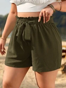 SHEIN Frenchy Shorts de cintura con volante con nudo delantero - Verde militar - Ver 4