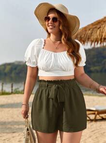 SHEIN Frenchy Shorts de cintura con volante con nudo delantero - Verde militar - Ver 5