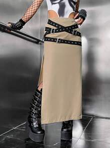 ROMWE PUNK 素色高衩腰帶半身裙 - 卡其色 - 查看 1