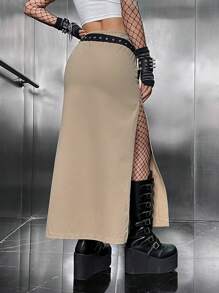 ROMWE PUNK 素色高衩腰帶半身裙 - 卡其色 - 查看 2