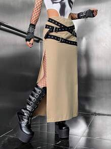 ROMWE PUNK 素色高衩腰帶半身裙 - 卡其色 - 查看 4