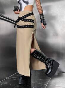 ROMWE PUNK 素色高衩腰帶半身裙 - 卡其色 - 查看 5