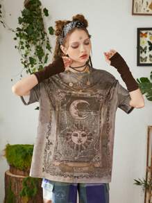 ROMWE Hippie Camiseta de hombros caídos con estampado de sol y luna - Marrón - Ver 1