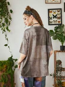 ROMWE Hippie Camiseta de hombros caídos con estampado de sol y luna - Marrón - Ver 2