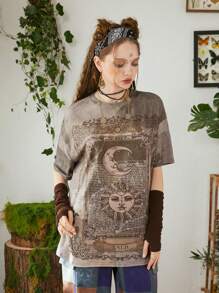 ROMWE Hippie Camiseta de hombros caídos con estampado de sol y luna - Marrón - Ver 5