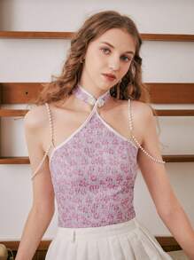 SHEIN MOD 花卉圖案提花珍珠串珠掛脖上衣 - 彩色 - 查看 1