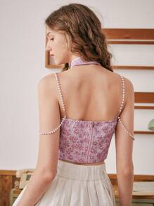 SHEIN MOD 花卉圖案提花珍珠串珠掛脖上衣 - 彩色 - 查看 2