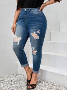 SHEIN VCAY 大碼破洞卷邊緊身牛仔褲 - 深色水洗藍 - 查看 2