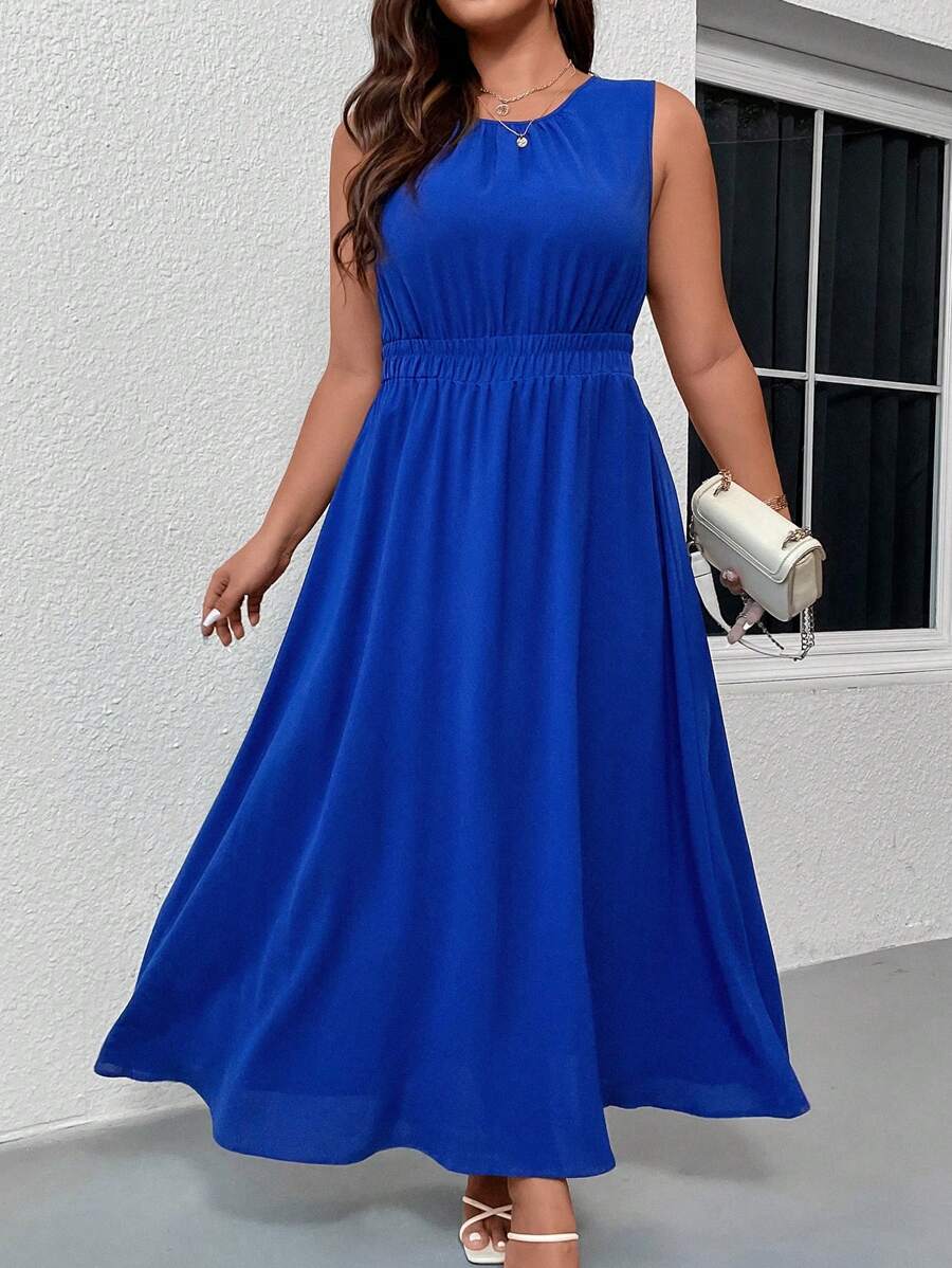 SHEIN Clasi Plus Solid Sleeveless A-line Dress - Blue - View 1