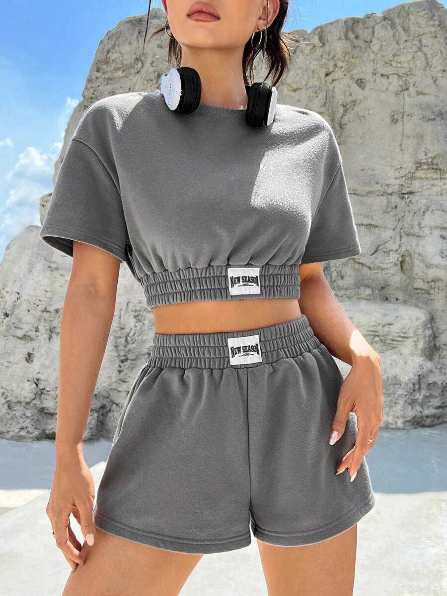 SHEIN EZwear Bộ đồ hai mảnh nữ Đắp vá Dải chun Lá thư Giải trí - Xám - Xem 1