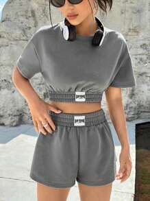 SHEIN EZwear Bộ đồ hai mảnh nữ Đắp vá Dải chun Lá thư Giải trí - Xám - Xem 4
