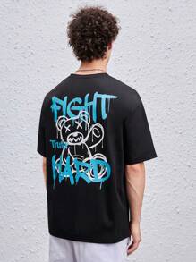 Manfinity RebelGame Loose Fit Men's Bear & Letter Printed Round Neck T-Shirt - Black - View 4