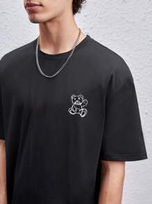 Manfinity RebelGame Loose Fit Men's Bear & Letter Printed Round Neck T-Shirt - Black - View 7