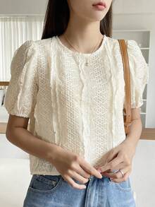 DAZY Solid Button Front Puff Sleeve Blouse - Apricot - View 4