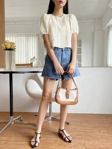 DAZY Solid Button Front Puff Sleeve Blouse - Apricot - View 5